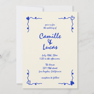 Retro Blue Handwritten Whimsical Wedding Invitation