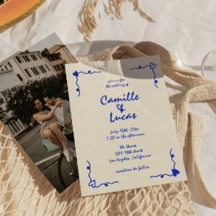Retro Blue Handwritten Whimsical Wedding Invitation