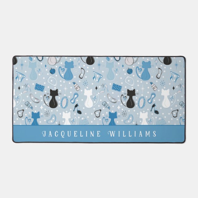 Retro Blue Heart Cats  Desk Mat (Front)