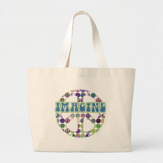 Retro Blue Imagine Peace Sign Large Tote Bag