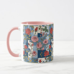 Retro Blue Jean Denim Patchwork with Roses Mug