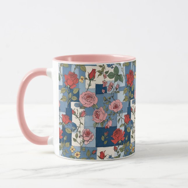 Retro Blue Jean Denim Patchwork with Roses Mug (Left)