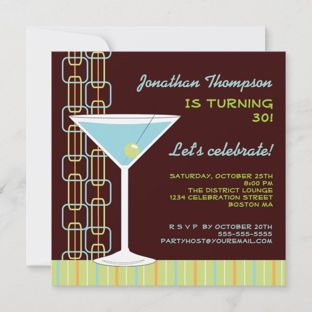 Retro Blue Martini Birthday Party Invitation (Front)