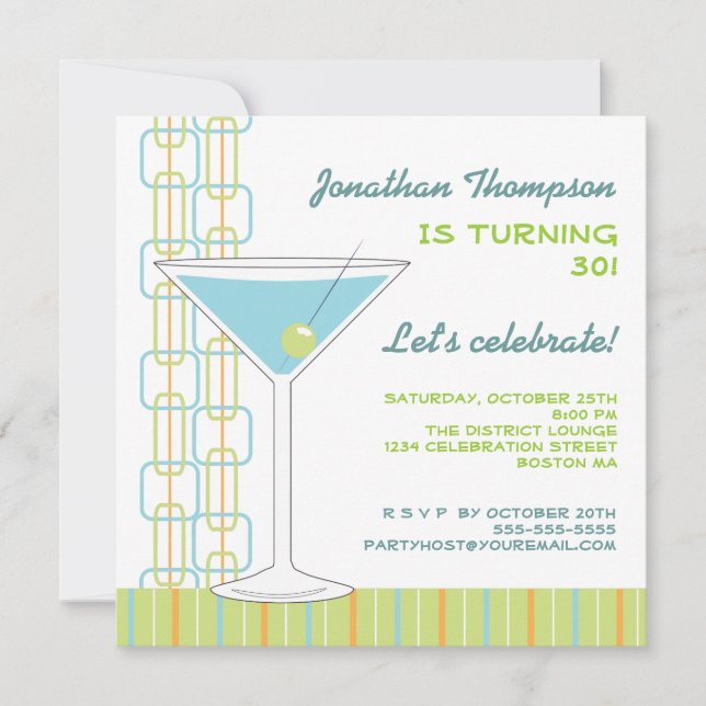 Retro Blue Martini Birthday Party Invitation (Front)