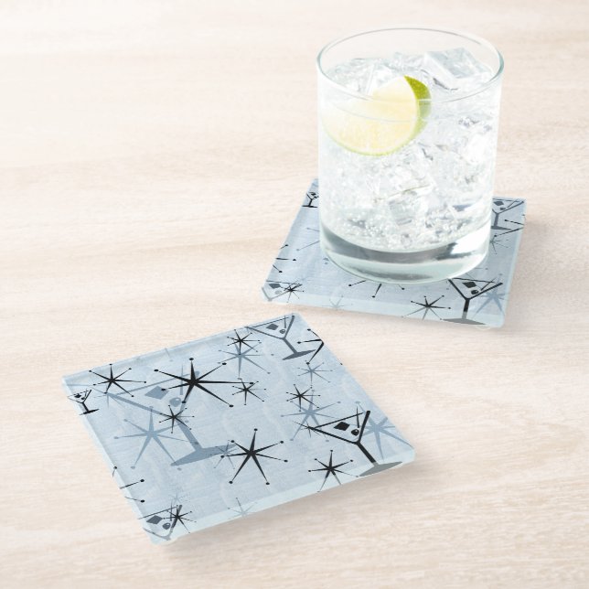 Retro Blue Martini Stars Glass Coaster (Angled)
