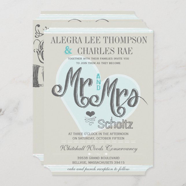 Retro Blue Mint Mr and Mrs Typography Wedding Invitation (Front/Back)