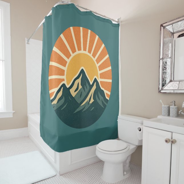 Retro Blue Mountain Sunrise | Outdoor Nature Teal Shower Curtain (In Situ)