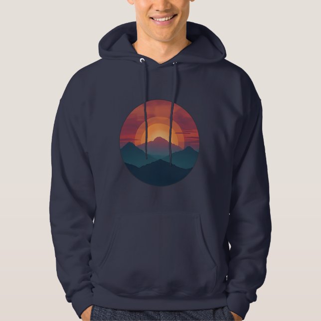 Retro Blue Mountain Sunset | Nature Watercolor Art Hoodie (Front)