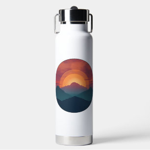 Retro Blue Mountain Sunset   Nature Watercolor Art Water Bottle