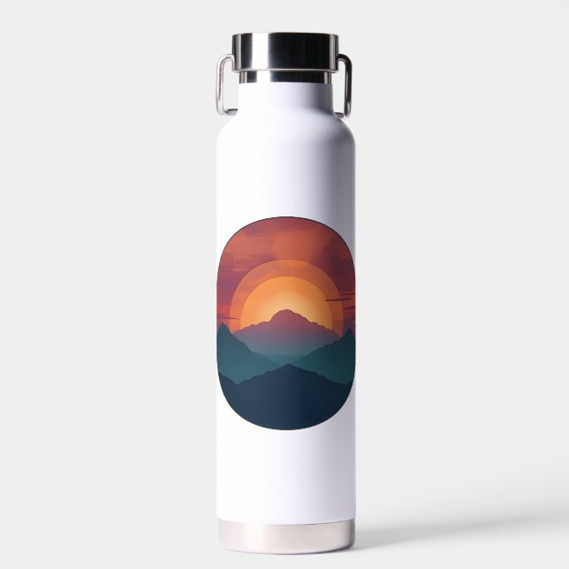 Retro Blue Mountain Sunset | Nature Watercolor Art Water Bottle (Front)