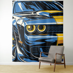 Retro Blue Muscle Car Front Pop Art Illustration Tapestry
