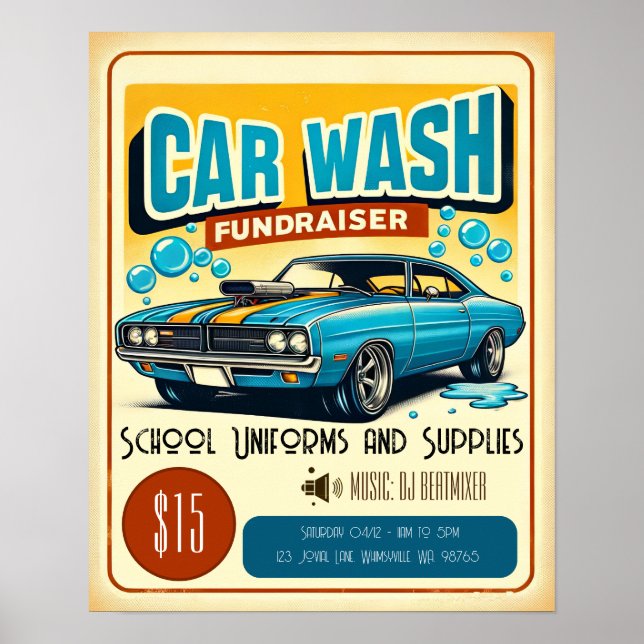Retro Blue Muscle Car Wash Fundraiser Poster (Front)