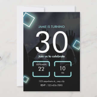 Retro Blue Neon 30th Birthday Invitation