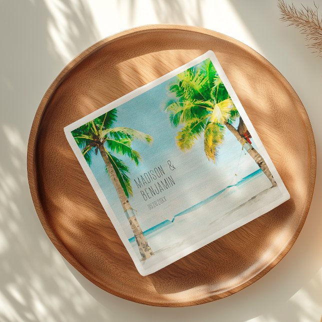 Retro Blue Ocean Beach Palm Trees Tropical Wedding Napkin (Creator Uploaded)