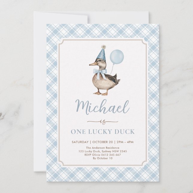 Retro Blue One Lucky Duck Balloon 1st Birthday Invitation (Front)