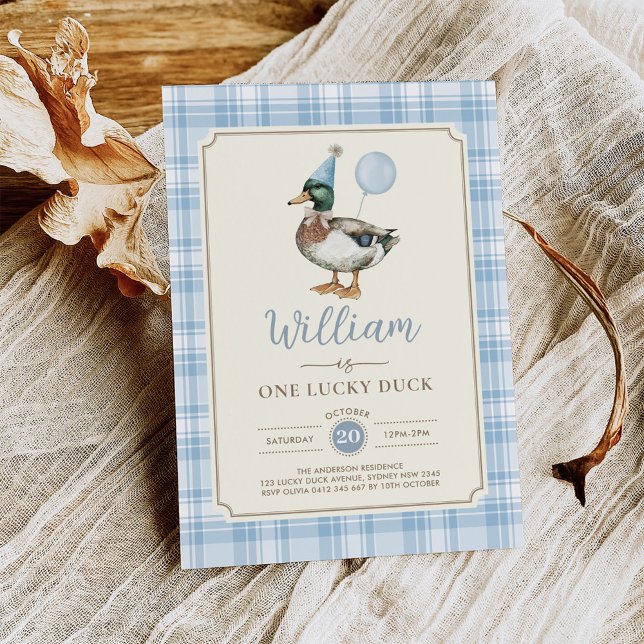Retro Blue One Lucky Duck Balloon 1st Birthday Invitation (Creator Uploaded)