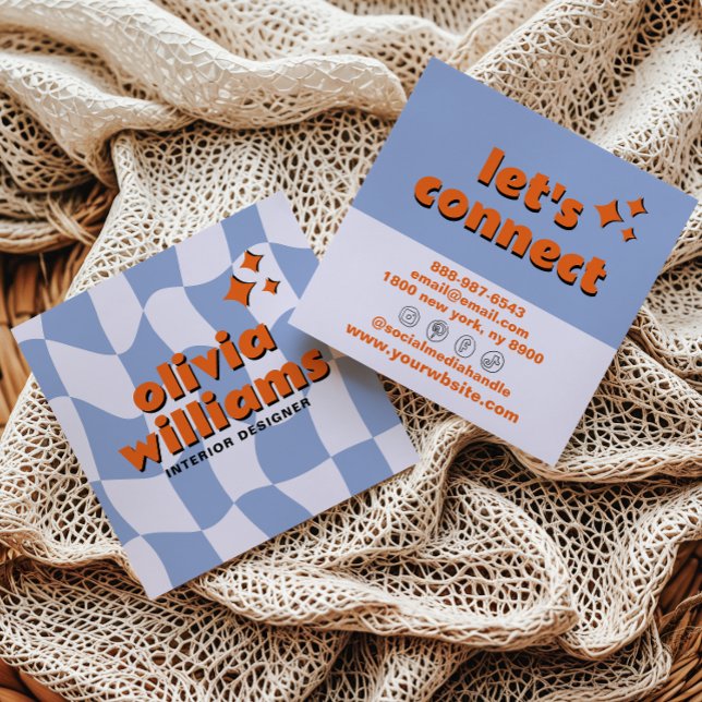 Retro Blue Orange Bold Groovy Checkered Trendy Fun Square Business Card (Creator Uploaded)