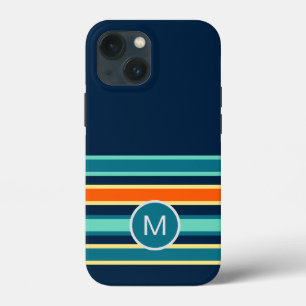 Retro Blue Orange Custom Colour Striped Monogram iPhone 13 Mini Case