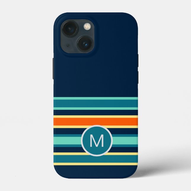 Retro Blue Orange Custom Colour Striped Monogram Case-Mate iPhone Case (Back)