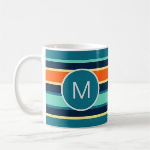 Retro Blue Orange Custom Colour Striped Monogram Coffee Mug