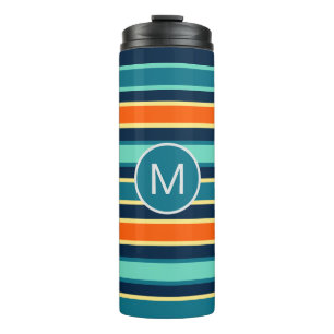 Retro Blue Orange Custom Colour Striped Monogram Thermal Tumbler