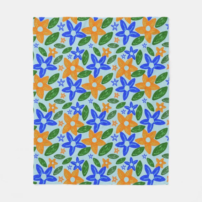 Retro Blue & Orange Floral  Fleece Blanket (Front)