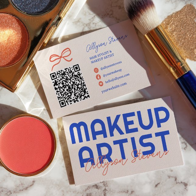 Retro Blue Orange Makeup Artist QR Code Business Card (Retro Blue Orange Makeup Artist QR Code Business Card)