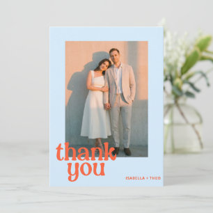 Retro Blue Orange Photo Bold Groovy Modern Wedding Thank You Card