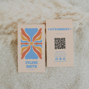 Retro Blue Orange QR Code Groovy Floral Abstract Business Card