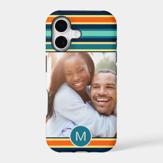 Retro Blue Orange Striped Monogram Custom Photo
