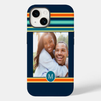 Retro Blue Orange Striped Monogram Custom Photo iPhone 14 Case
