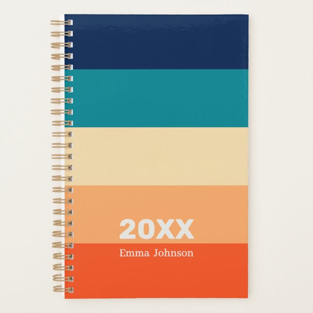Retro Blue Orange Yellow Stripes Custom Name Planner (Front)