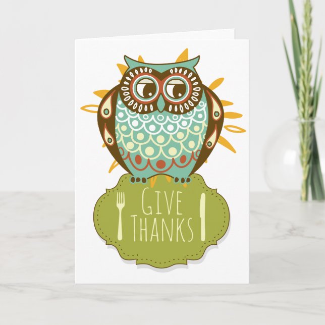Retro Blue Owl Give Thanks Happy Thanksgiving Holiday Card (Front)