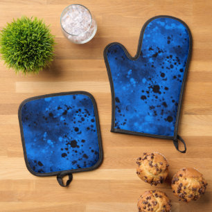 Retro Blue Paint Splatter Oven Mitt & Pot Holder Set