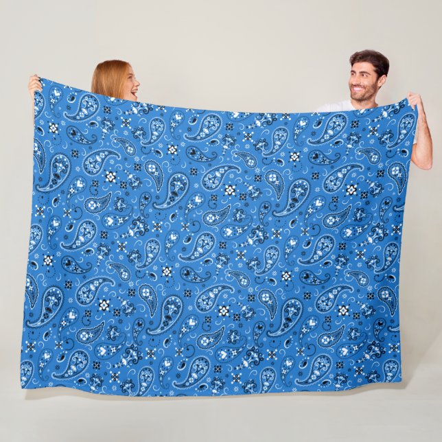 Retro Blue Paisley Bandanna Pattern Fleece Blanket (In Situ)
