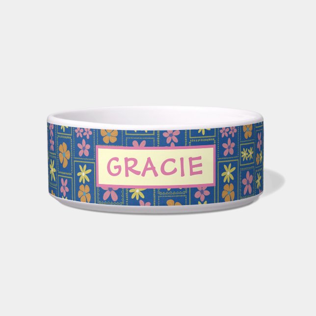 Retro Blue Patchwork Floral Custom Medium Dog Bowl (Front)