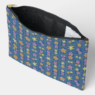 Retro Blue Patchwork Floral Large Accessory Pouch