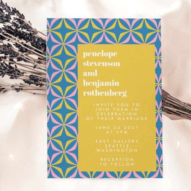 Retro Blue Pattern Fun Bold Typography Wedding Invitation (Creator Uploaded)