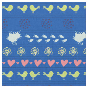 Retro blue pattern of birds, dots, footsteps, fabric