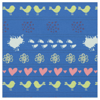 Retro blue pattern of birds, dots, footsteps, fabric
