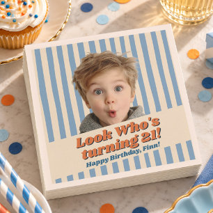 Retro Blue Photo Birthday Milestone Napkin