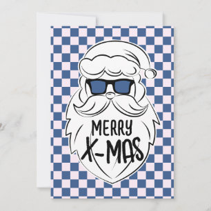 Retro Blue Pink Checkered Santa Claus Christmas Holiday Card