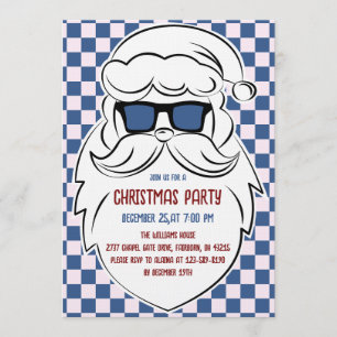 Retro Blue & Pink Checkered Santa Claus Christmas Invitation