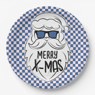 Retro Blue Pink Checkered Santa Claus Christmas Paper Plate