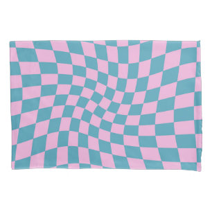 Retro Blue Pink Checks Warped Chequered Dorm Room  Pillowcase