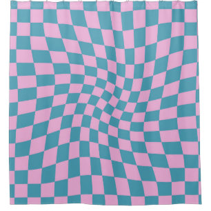 Retro Blue Pink Checks Warped Chequered Shower Curtain