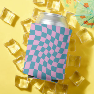 Retro Blue Pink Pastel Warped Chequerboard  Can Cooler