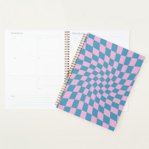 Retro Blue Pink Warped Chequerboard Chequered Planner