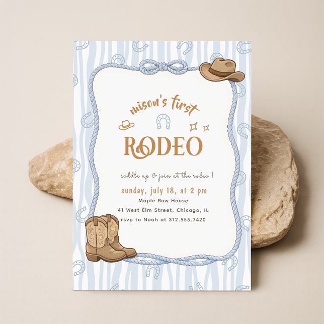 Retro Blue Plaid Cowboy First Rodeo 1st Birthday Invitation (Creator Uploaded)