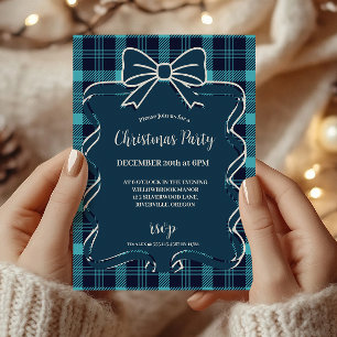 Retro Blue Plaid Whimsical Christmas  Invitation